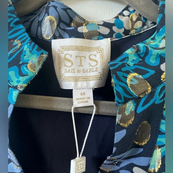 NWT STS Sail to Sable Floral Silk Teal, Blue anf Gold Metallic Dress size Medium - Picture 3 of 10